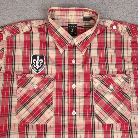 Kani Gold Shirt Mens XL Red Plaid Button Down Short Sleeve Patches Fitted - Picture 2 of 15